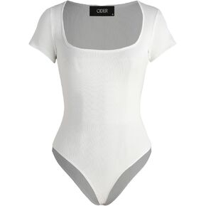 CIDER Women's French Riviera Vacation Solid Square Neck Short Sleeve Bodysuit