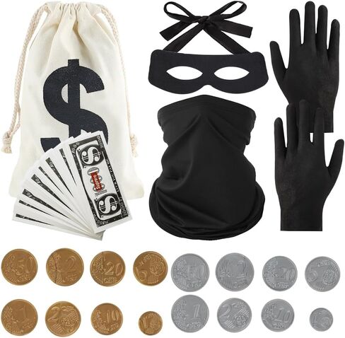 مجموعة أزياء السارق المكونة من 6 قطع من SHDIEHJFMLDH، تتضمن حقائب نقود من القماش بعلامة الدولار وقناع عين اللصوص وقبعة عملات ذهبية للحفلات التنكرية اللصوص in Kuwait