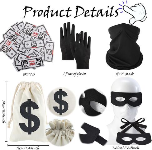 مجموعة أزياء السارق المكونة من 6 قطع من SHDIEHJFMLDH، تتضمن حقائب نقود من القماش بعلامة الدولار وقناع عين اللصوص وقبعة عملات ذهبية للحفلات التنكرية اللصوص in Kuwait