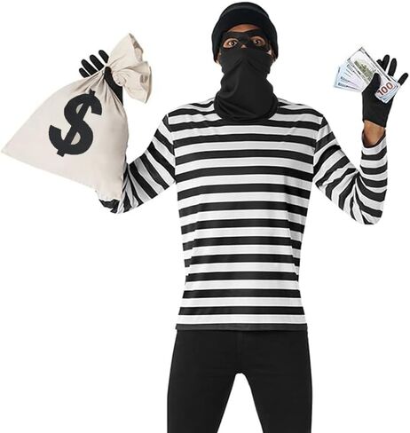 مجموعة أزياء السارق المكونة من 6 قطع من SHDIEHJFMLDH، تتضمن حقائب نقود من القماش بعلامة الدولار وقناع عين اللصوص وقبعة عملات ذهبية للحفلات التنكرية اللصوص in Kuwait