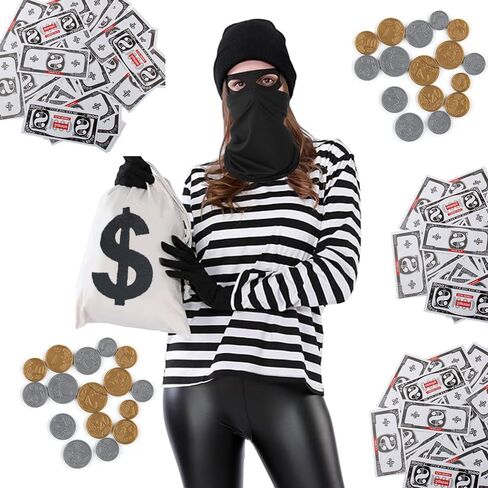 مجموعة أزياء السارق المكونة من 6 قطع من SHDIEHJFMLDH، تتضمن حقائب نقود من القماش بعلامة الدولار وقناع عين اللصوص وقبعة عملات ذهبية للحفلات التنكرية اللصوص in Kuwait