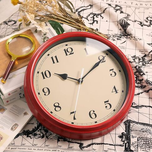 Decorative Vintage Wall Clock - 11Inch Silent Non-Ticking Clocks Battery Operated - Classic Decor for Living Room, Farmhouse, Kitchen, Bedroom, Bathroom (Red) in Saudi Arabia