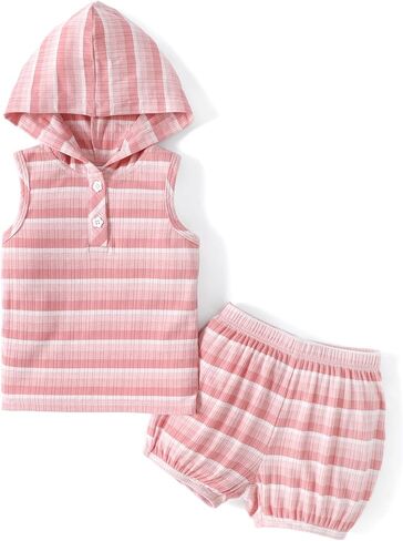 PATPAT Baby Girl's Clothes Summer Outfit Rib Sleeveless Tank Top Striped Hoodie Bubble Shorts Set 3-24M in Saudi Arabia