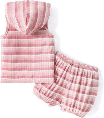 PATPAT Baby Girl's Clothes Summer Outfit Rib Sleeveless Tank Top Striped Hoodie Bubble Shorts Set 3-24M in Saudi Arabia