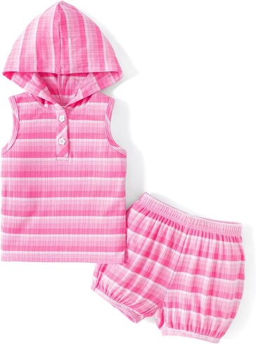 PATPAT Baby Girl's Clothes Summer Outfit Rib Sleeveless Tank Top Striped Hoodie Bubble Shorts Set 3-24M in Saudi Arabia