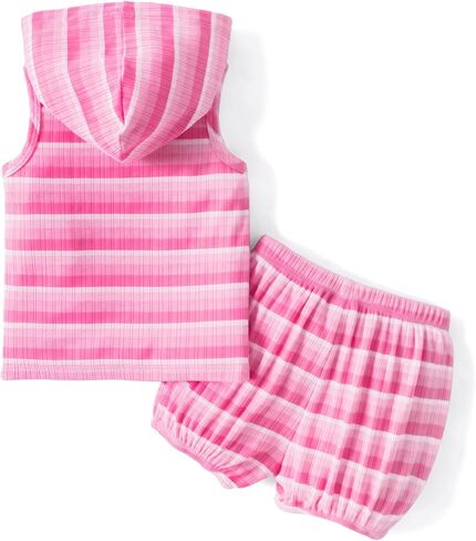 PATPAT Baby Girl's Clothes Summer Outfit Rib Sleeveless Tank Top Striped Hoodie Bubble Shorts Set 3-24M in Saudi Arabia