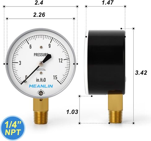 قياس مينلين 0-15 بوصة H2O نوع الحجاب الحاجز كبسولة قياس الضغط المنخفض 1/4 بوصة NPT 2-1/4 بوصة قرص الوجه مقياس عمود الماء القابل للتعديل، مع 1/4 بوصة × 1/2 بوصة NPT و1/4 بوصة × 3/ 8 "NPT جلبة سداسية، جبل سفلي in Kuwait