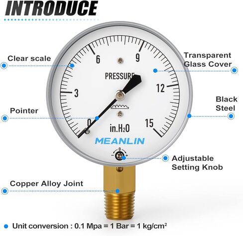 قياس مينلين 0-15 بوصة H2O نوع الحجاب الحاجز كبسولة قياس الضغط المنخفض 1/4 بوصة NPT 2-1/4 بوصة قرص الوجه مقياس عمود الماء القابل للتعديل، مع 1/4 بوصة × 1/2 بوصة NPT و1/4 بوصة × 3/ 8 "NPT جلبة سداسية، جبل سفلي in Kuwait