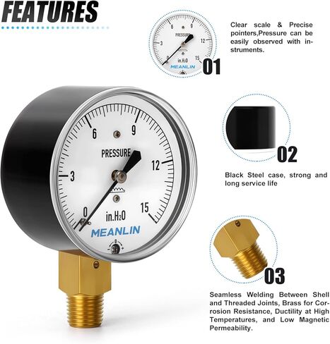 قياس مينلين 0-15 بوصة H2O نوع الحجاب الحاجز كبسولة قياس الضغط المنخفض 1/4 بوصة NPT 2-1/4 بوصة قرص الوجه مقياس عمود الماء القابل للتعديل، مع 1/4 بوصة × 1/2 بوصة NPT و1/4 بوصة × 3/ 8 "NPT جلبة سداسية، جبل سفلي in Kuwait