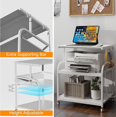 حامل طابعة كبير من VEDECASA مقاس 23.6 × 18.9 × 29.5 بوصة مع محطة شحن، وعربة دوارة ثلاثية الطبقات مع أرفف تخزين قابلة للتعديل، وعجلات لحامل المكتب المنزلي للثلاجة الصغيرة، والماسح الضوئي، والضغط الحراري in Kuwait