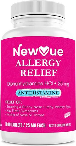 NewVue تخفيف كامل للحساسية، ديفينهيدرامين حمض الهيدروكلوريك 25 مجم، يخفف الأعراض، أقراص مضادة للهستامين، عدد 1000 in Kuwait