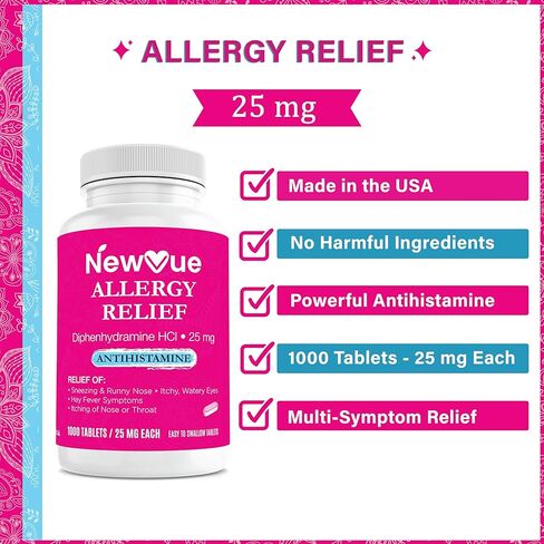 NewVue تخفيف كامل للحساسية، ديفينهيدرامين حمض الهيدروكلوريك 25 مجم، يخفف الأعراض، أقراص مضادة للهستامين، عدد 1000 in Kuwait