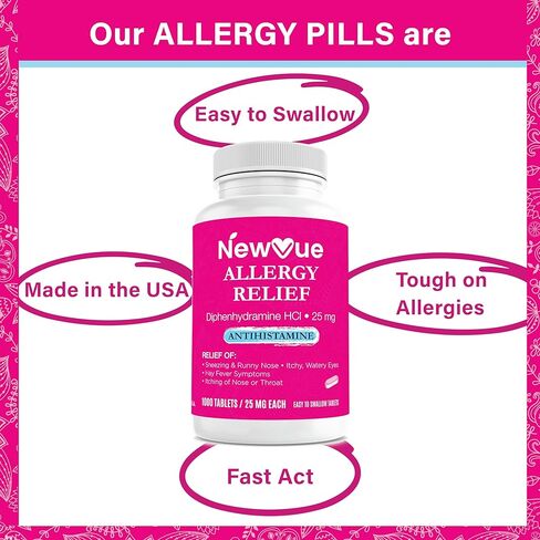 NewVue تخفيف كامل للحساسية، ديفينهيدرامين حمض الهيدروكلوريك 25 مجم، يخفف الأعراض، أقراص مضادة للهستامين، عدد 1000 in Kuwait