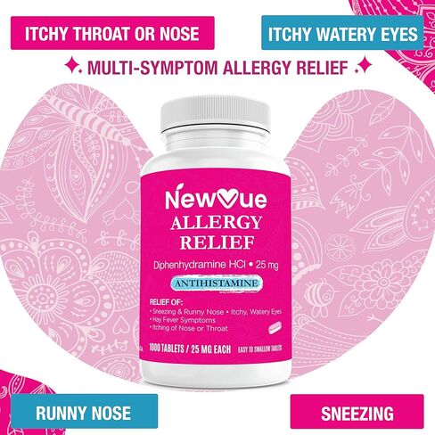 NewVue تخفيف كامل للحساسية، ديفينهيدرامين حمض الهيدروكلوريك 25 مجم، يخفف الأعراض، أقراص مضادة للهستامين، عدد 1000 in Kuwait