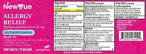 NewVue تخفيف كامل للحساسية، ديفينهيدرامين حمض الهيدروكلوريك 25 مجم، يخفف الأعراض، أقراص مضادة للهستامين، عدد 1000 in Kuwait