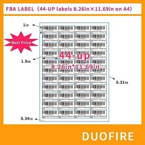 Duofire FBA Barcode Label Stickers 44 up A4(10Sheets, 440Labels) 44-up Labels 48.5 X 25.4 Mm on A4(1 X 1.9 Inches), White Self Adhesive Shipping Mailing Stickers for Laser/Inkjet Printer in Saudi Arabia