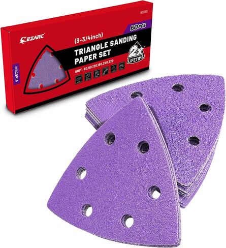 EZARC 60 PCS Zirconia Triangle Sanding Pads, 3-3/4 Inch Hook & Loop 60/80/120/180/ 240/320 Grit Multitool Sandpaper, Fits 3-1/2" and 3-3/4" Oscillating Tool Sanding Pad for Polish Sanding in Saudi Arabia