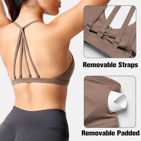 YEOREO حمالات صدر رياضية للتمرين للنساء حمالة صدر مبطنة مفتوحة الظهر لصالة الألعاب الرياضية Lorelie Light Impact Criss Cross Yoga Crop Top بني فاتح M in Saudi Arabia