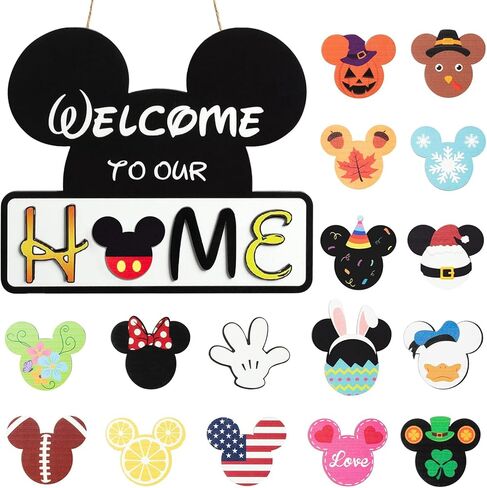Cute Mouse Welcome Sign for Front Door, Interchangeable Outdoor/Home/Porch Seasonal Wreaths Rustic Wood Signs Welcome Door Sign Hangers Decor for Housewarming Gifts in Saudi Arabia