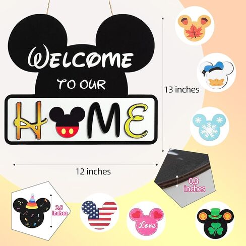 Cute Mouse Welcome Sign for Front Door, Interchangeable Outdoor/Home/Porch Seasonal Wreaths Rustic Wood Signs Welcome Door Sign Hangers Decor for Housewarming Gifts in Saudi Arabia