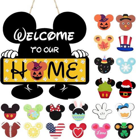 Cute Mouse Welcome Sign for Front Door, Interchangeable Outdoor/Home/Porch Seasonal Wreaths Rustic Wood Signs Welcome Door Sign Hangers Decor for Housewarming Gifts in Saudi Arabia