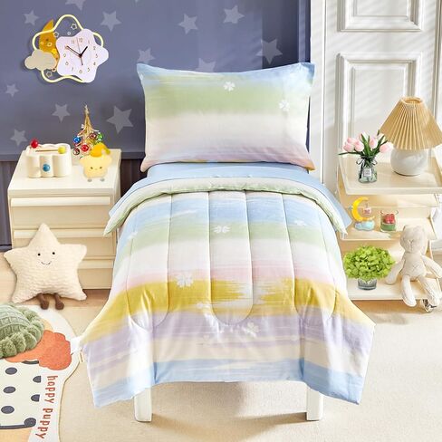 Joyreap 4 Piece Cotton Toddler Bedding Set- Yellow Blue Purple Rainbow Clover Design, Toddler Comforter Set for Girls, Includes Quilted Comforter, Fitted Sheet, Top Sheet, and Pillow Case in Saudi Arabia