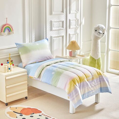Joyreap 4 Piece Cotton Toddler Bedding Set- Yellow Blue Purple Rainbow Clover Design, Toddler Comforter Set for Girls, Includes Quilted Comforter, Fitted Sheet, Top Sheet, and Pillow Case in Saudi Arabia