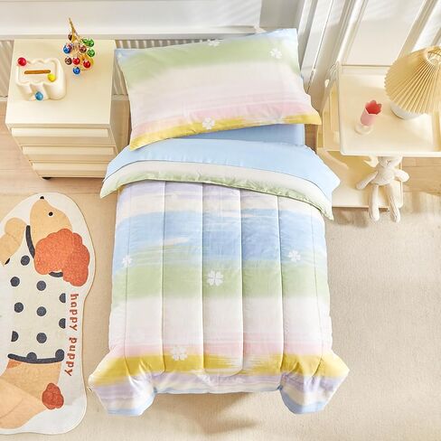 Joyreap 4 Piece Cotton Toddler Bedding Set- Yellow Blue Purple Rainbow Clover Design, Toddler Comforter Set for Girls, Includes Quilted Comforter, Fitted Sheet, Top Sheet, and Pillow Case in Saudi Arabia