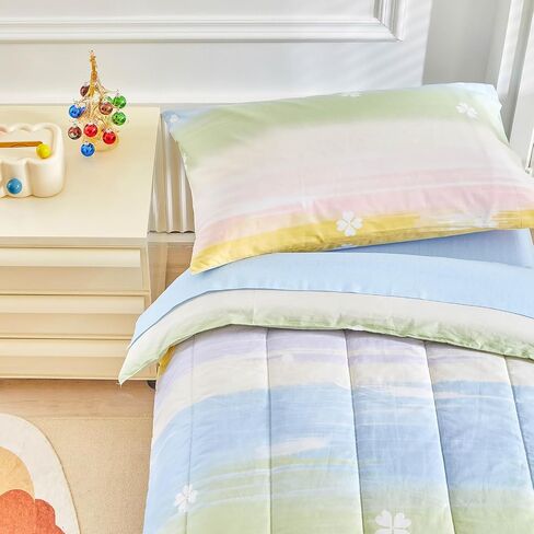 Joyreap 4 Piece Cotton Toddler Bedding Set- Yellow Blue Purple Rainbow Clover Design, Toddler Comforter Set for Girls, Includes Quilted Comforter, Fitted Sheet, Top Sheet, and Pillow Case in Saudi Arabia