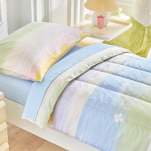 Joyreap 4 Piece Cotton Toddler Bedding Set- Yellow Blue Purple Rainbow Clover Design, Toddler Comforter Set for Girls, Includes Quilted Comforter, Fitted Sheet, Top Sheet, and Pillow Case in Saudi Arabia