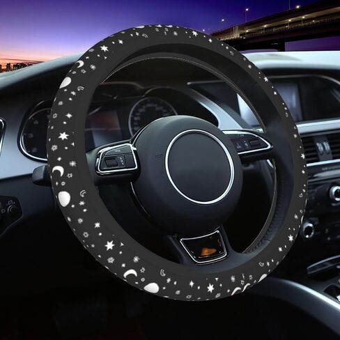 غطاء عجلة القيادة على شكل نجمة القمر أبيض وأسود لسماء الليل غطاء عجلة القيادة على شكل قمر ملحقات السيارة يناسب عجلة القيادة مقاس 15 بوصة للفتيات والنساء وغطاء حماية لعجلة القيادة مضاد للانزلاق in Kuwait