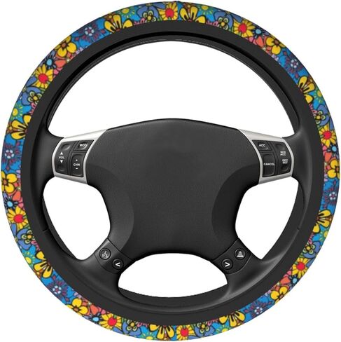 غطاء عجلة القيادة على شكل زهرة الهبي لطيف للنساء والفتيات وإكسسوارات السيارات العالمية 15 بوصة للسيارة الداخلية غير القابلة للانزلاق، واقي سيارة قابل للتنفس in Kuwait