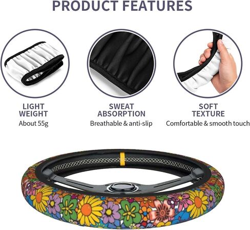 غطاء عجلة القيادة على شكل زهرة الهبي لطيف للنساء والفتيات وإكسسوارات السيارات العالمية 15 بوصة للسيارة الداخلية غير القابلة للانزلاق، واقي سيارة قابل للتنفس in Kuwait