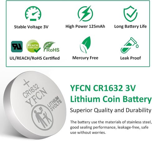 بطارية YFCN CR1632 بطارية ليثيوم 3 فولت 10 بطاريات CR1632 لمفتاح السيارة، جهاز التحكم عن بعد بدون مفتاح، أجهزة الاستشعار - بطاريات خلية العملة المعدنية CR 1632 - عمر افتراضي 5 سنوات in Saudi Arabia