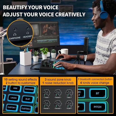 واجهة صوت، خلاط صوت للألعاب، خلاط DJ RGB مع واجهة ميكروفون XLR، طاقة فانتوم 48 فولت، بلوتوث، تحكم فردي، لوحة صوت للبودكاست/التسجيل/الصوت/الكمبيوتر/يوتيوب/تيك توك in Kuwait