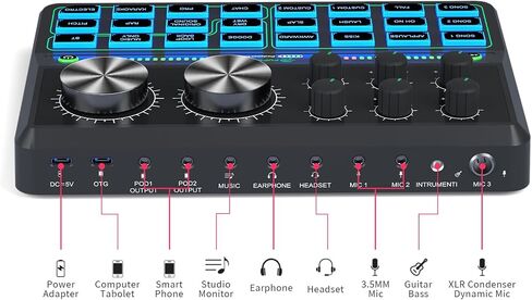 واجهة صوت، خلاط صوت للألعاب، خلاط DJ RGB مع واجهة ميكروفون XLR، طاقة فانتوم 48 فولت، بلوتوث، تحكم فردي، لوحة صوت للبودكاست/التسجيل/الصوت/الكمبيوتر/يوتيوب/تيك توك in Kuwait