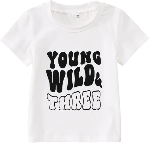 قميص Young Wild and Three بعمر 3 سنوات لعيد ميلاد فتاة تي شيرت للحفلات الثالثة هدية عيد ميلاد ثالثة بأكمام قصيرة in Kuwait