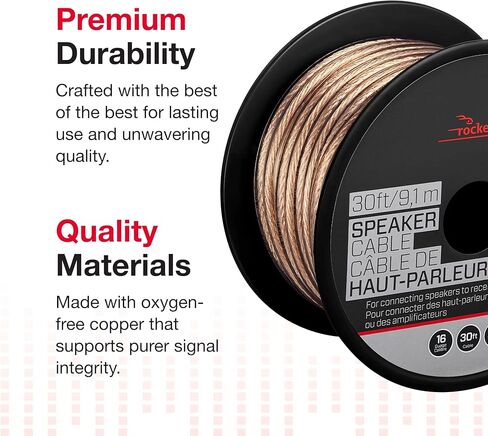 Rocketfish 16 Gauge Pure Copper Speaker Wire - Clear Copper Wire for Speaker System - Heavy-Duty Speaker Wire to Deliver Sounds - Stereo Wire for Home Sound System - 50' in Kuwait