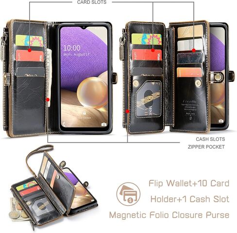 حافظة Defencase لهاتف Galaxy A32 5G، حافظة RFID لهاتف Samsung Galaxy A32 5G محفظة للنساء والرجال مع حامل بطاقة، سحاب مغناطيسي من جلد البولي يوريثان واقي لهاتف Samsung A32 5G، أرجواني in Kuwait