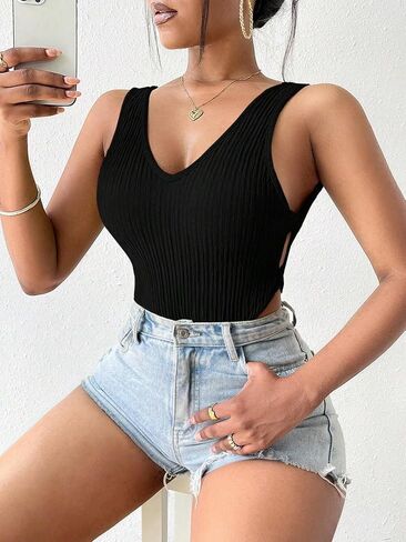 MakeMeChic Women's Cut Out Bodysuit Ribbed Knit Sleeveless V Neck High Cut Backless Tank Bodysuit in Saudi Arabia