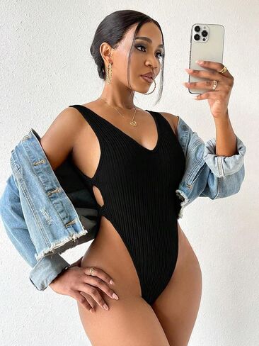 MakeMeChic Women's Cut Out Bodysuit Ribbed Knit Sleeveless V Neck High Cut Backless Tank Bodysuit in Saudi Arabia
