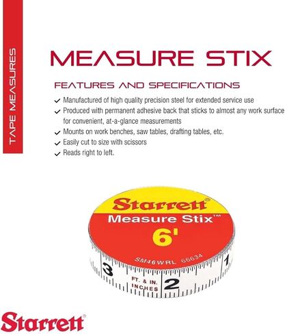 شريط قياس Starrett مع دعامة لاصقة - يمكن تركيبه على مقعد العمل، طاولة المنشار، طاولة الصياغة - 1/2 بوصة × 6 بوصات، متري إنجليزي، قراءة من اليمين إلى اليسار - SM46WRL in Kuwait
