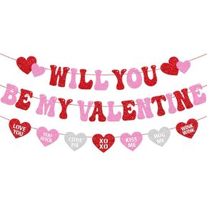 Will You Be My Valentine Banner Be My Valentine Theme Garland Happy Valentine’s Day Banner Glitter Pink Red Valentine’s Day Decorations Engagement Wedding Anniversary Party Supplies in Kuwait