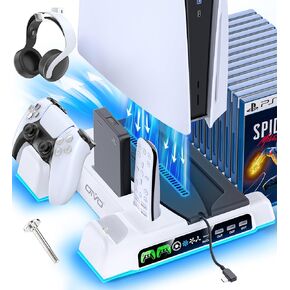 حامل PS5/Slim/Pro ومحطة تبريد مع محطة شحن وحدة تحكم LED لوحدة تحكم PlayStation 5، شاحن وحدة التحكم، حامل تبريد، مجموعة ملحقات PS5/Slim/Pro مع مروحة تبريد ثلاثية المستويات in Kuwait