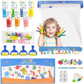 Funto Kids Washable Finger Paint Set, 25 PCS Non Toxic Art Painting Supplies for Baby, Includes Finger Paint Paper Roll, Brush Set, Arts Crafts for Toddlers Age 1-3 in Saudi Arabia