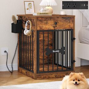 24'' Dog Crate Furniture with Charging Station, Dog Kennel Indoor with Flip-Top Storage, Wooden Pet Cage Dogs House End Side Table for Small Dogs Anti-Chew Anti-Escape, White Brown DFC90114B in Saudi Arabia