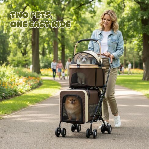 Double Pet Stroller for Dogs and Cats, One-Step Folding Dog Stroller Travel Carriage for Small Medium Dogs Cats, 2 Detachable Carrier Bags, 4 Lockable Wheels (Brown) in Saudi Arabia