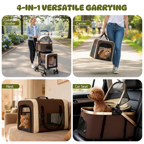Double Pet Stroller for Dogs and Cats, One-Step Folding Dog Stroller Travel Carriage for Small Medium Dogs Cats, 2 Detachable Carrier Bags, 4 Lockable Wheels (Brown) in Saudi Arabia