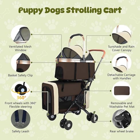 Double Pet Stroller for Dogs and Cats, One-Step Folding Dog Stroller Travel Carriage for Small Medium Dogs Cats, 2 Detachable Carrier Bags, 4 Lockable Wheels (Brown) in Saudi Arabia