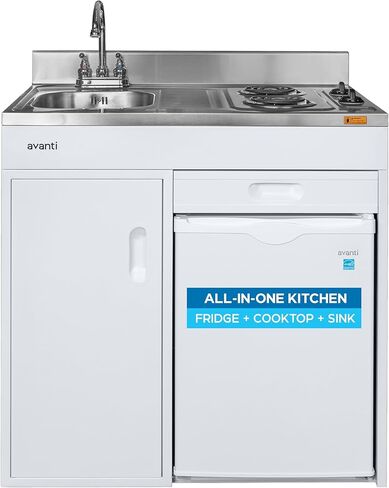 Avanti CK3016 30" Energy Star Certified Full Compact Kitchen, Built in Kitchenette Stainless Steel Counter, Two Element Cooking Range, Refrigerator & Storage, White in Kuwait